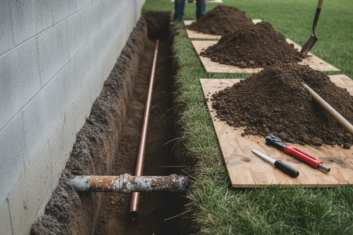Excavated water line trench during Water Heater Repair in Leitchfield